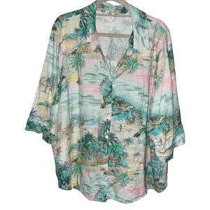 New C&C California Linen Button Shirt 2X Multi Tropical Scene Vacay Plus Size